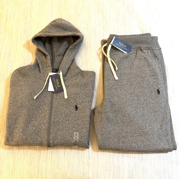 Polo Ralph Lauren Classic Full-Zip Fleece Sweatsuit Ash Grey Heather Black Pony - Picture 1 of 16